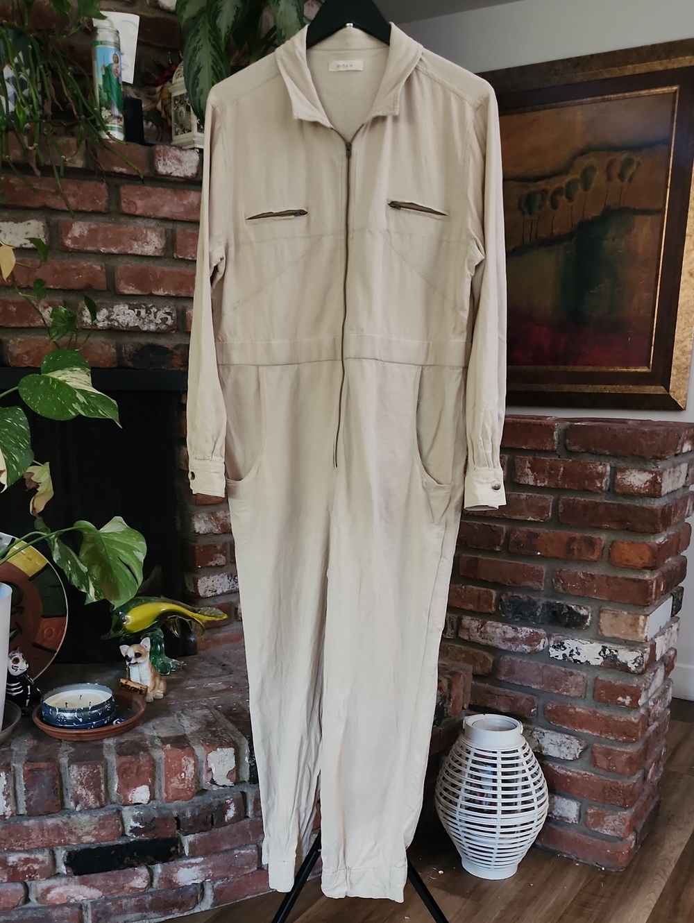 DÔEN 100% Silk Cream Utility Boiler Suit Zip Front Jumpsuit Size Large